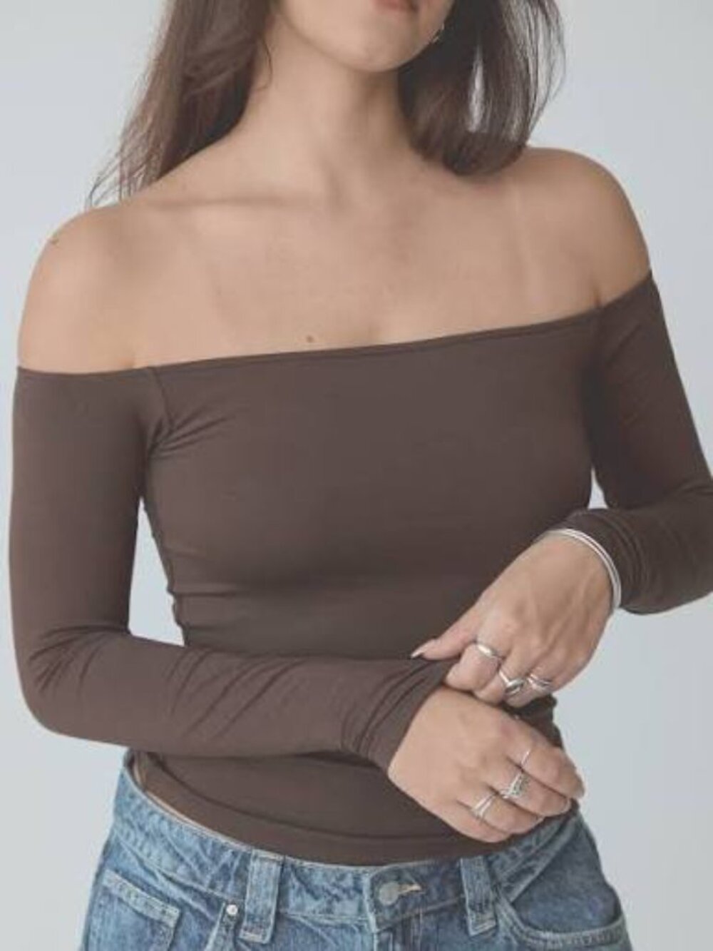 Klassy Network Brown Micro Rib Off The Shoulder Long Sleeve Top